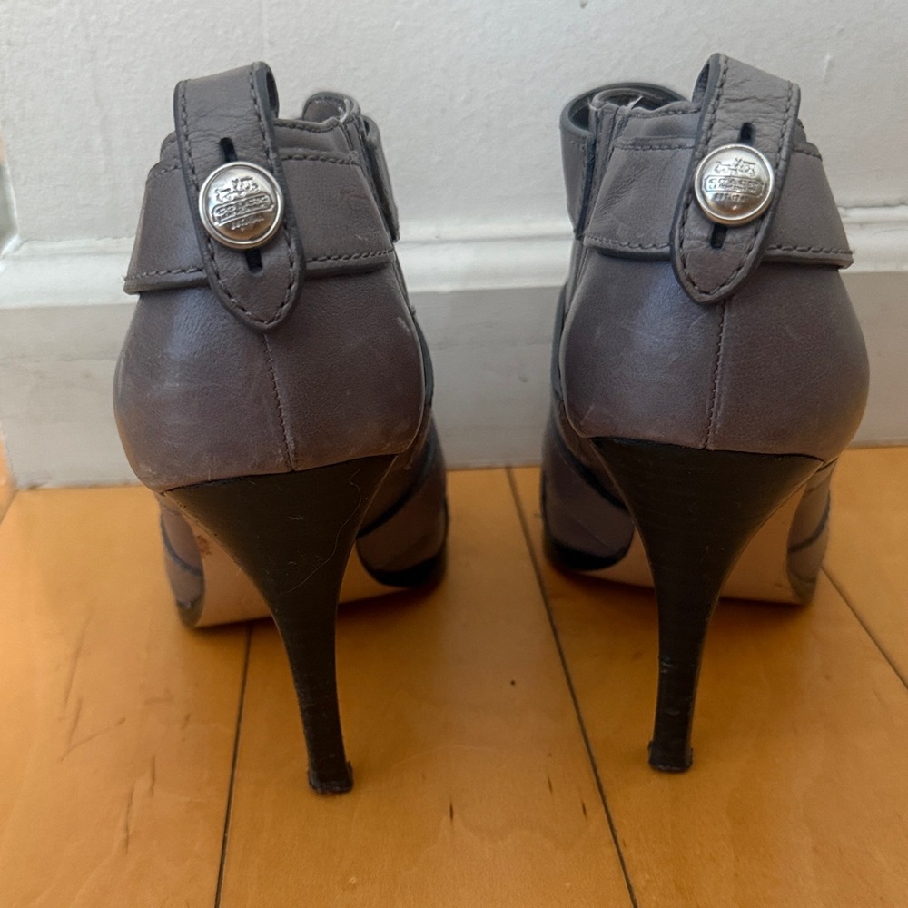 Coach Gray leather Women's Peep-Toe Ankle Boots with silver hardware - Picture 3 of 10